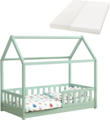 Produktbild von Juskys Kinderbett Marli 80 x 160 cm mit Matratze, Lattenrost & Dach - Holz Mint