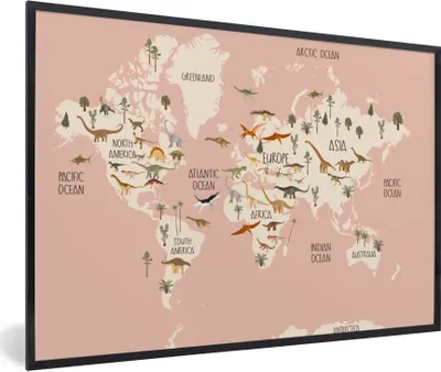 Produktbild von MuchoWow® Gerahmtes Poster Weltkarte - Kinderzimmer - Dino's - Mädchen - Kinder - Rosa 90x60 cm - Poster mit Schwarzem Bilderrahmen Wandposter Rahmen Foto Bilder - Fotorahmen - Foto-Plakat