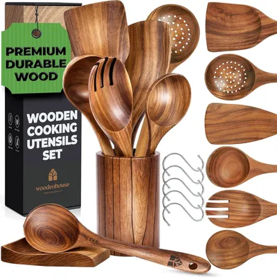 Immagine prodotto di Set di utensili da cucina in legno con supporto e porta-cucchiaio