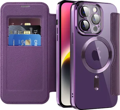 Produktbild von Klapphülle für iPhone 14 Pro Kompatibel mit Magsafe, Klar Überzug Kartenhalter Ledertasche mit Kameraschutz Lila