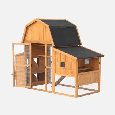A wooden chicken coop with multiple levels and an attached run, shown against a plain background.