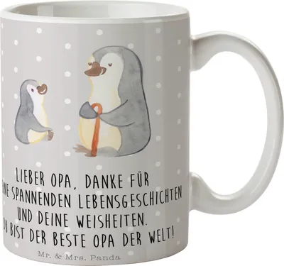 Produktbild von Mr. & Mrs. Panda Kaffeebecher Pinguin Opa Enkel - Grau Pastell - Geschenk, Becher, Muttertag, Teetasse, für, Weisheiten, Kaffeetasse, Tasse, Trinkbecher