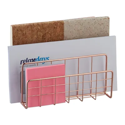 Zdjęcie produktu dla Uchwyt na dokumenty Relaxdays na biurko, 3 przegródki, metalowy, stojący, wymiary: wys. x szer. x gł.: 14 x 17,5 x 8 cm, kolor różowego złota