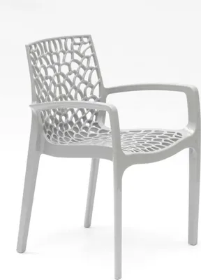 A single gray chair with an open, web-like design.