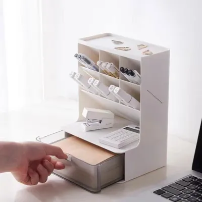 Produktbild von Aufbewahrungsbox für Büro und Schule, Organizer mit multifunktionaler Schublade, Stifthalter, Aufbewahrung für Zuhause und Schule – Weiß