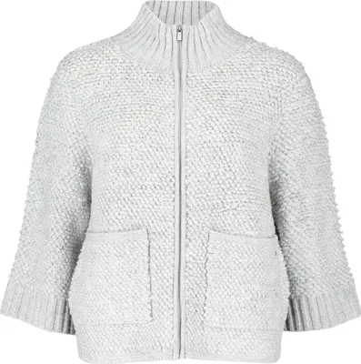 Produktbild von Lässiger Strick Cardigan mit Stehkragen, Reißverschluss, Melange, aufgesetzten Taschen, 56 cm Länge, 3/4 Arm
