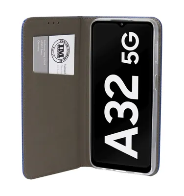 A blue flip case for a smartphone, open to reveal the phone screen and a card slot.