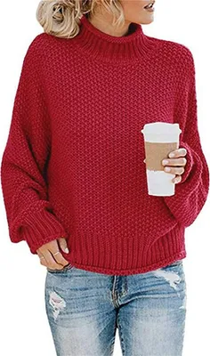 Image de ASKSA Pull en tricot femme Col roulé uni Pull pull Knit Sweatshirt, Rouge vin, L
