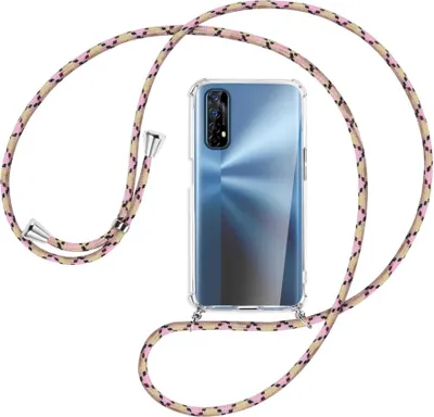 Produktbild von Handykette Backcover-Schutzhülle mit Band (Metall silberfarben) für Realme 7 (RMX2151) - rosa Karo