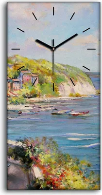 Produktbild von Leinwand Uhr Küche Wohnzimmer Bild 30x60 Landschaft Boote Küste Meeresufer - schwarze Hände