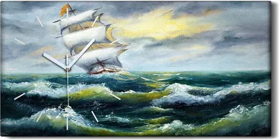 Produktbild von Küchenuhr Bürouhr Leinwand Uhr 60x30 Wellen Meereslandschaft Schiff Ozean - weiße Hände