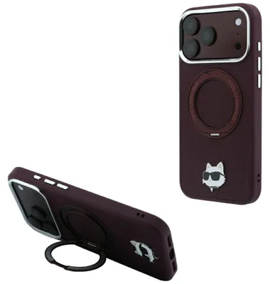 Produktbild von Hülle für iPhone 18 Pro / 17 Pro von Karl Lagerfeld mit Ringständer, Choupette-Motiv und MagSafe-Funktion, Farbe: Burgunderrot