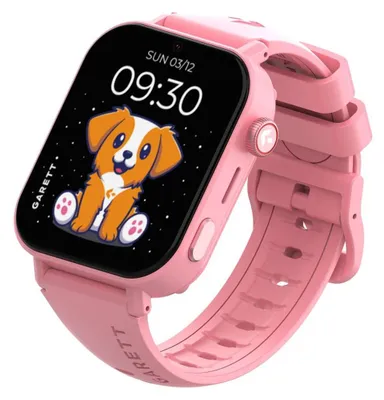 A pink smartwatch with a cartoon dog on the screen.
