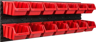 Zdjęcie produktu dla System magazynowy Regał warsztatowy | 115 x 39 cm | 14 szt. Pudełko | Regał ścienny z pojemnikami do układania w stosy - Płyty ścienne Bardzo wytrzymały regał z przegródkami Ściana narzędziowa Regał magazynowy Regał garażowy