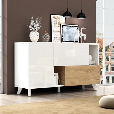 Obrázek produktu pro MODFU kuchyňská skříň, vitrína, komoda, moderní obývací skříň, úložná skříň, skříň s vysokým leskem, příborník, bílá + světlý dub