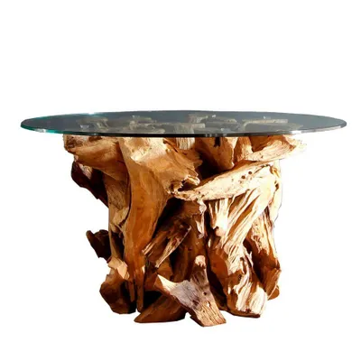 Produktbild von MÖBEL BRESSMER Couchtisch IKAL rund 80 cm Wurzelholz mit Glasplatte Wohnzimmertisch Holz Glas Design Tisch