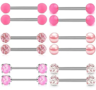 Obrázok produktu pre Piercing jazyka, piercing bradaviek, 14G, chirurgická oceľ, zirkón, trblietavá guľa, perla, 6 párov, mix farieb, svetloružová