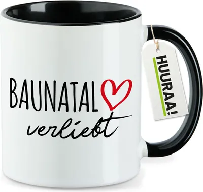 Produktbild von Huuraa Kaffeetasse Baunatal verliebt 330ml Schwarz Keramik Kaffeebecher Geschenkidee