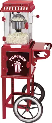 A red popcorn cart with a glass enclosure filled with popcorn.