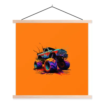 Produktbild von MuchoWow® Textilposter Monstertruck - Neon - Farbe - Orange 60x60 cm mit holzfarbenen Rahmen - Wanddekoration