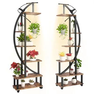 Immagine prodotto di 2 pezzi Supporto per piante 6 livelli con lampada per piante e ruote rimovibili, ripiano per piante grandi a forma di mezzaluna Ripiano per piante in metallo Supporto per fiori