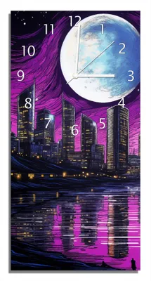 Produktbild von Wallario Design Wanduhr Mond über der Stadt aus Echtglas, Größe 30 x 60 cm