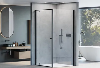Produktbild von Eckdusche mit Drehtür NT604 - FLEX - 6 mm - Nano Klarglas - Breiten & Profilfarbe wählbar, Breite Türelement:90 cm, Breite Glas feststehend:90cm, Profilfarbe:Schwarz matt