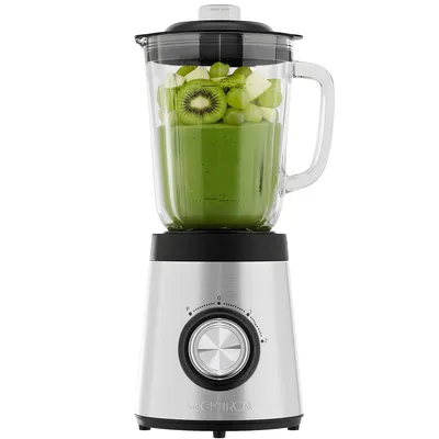 A Clatronic stand mixer filled with green smoothie and fruit pieces, shown on a white background.