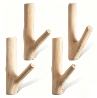 4er-Set Baumast-Wandhaken aus Naturholz, vintage