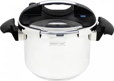 A stainless steel pressure cooker with black handles and lid, shown from the front on a white background.