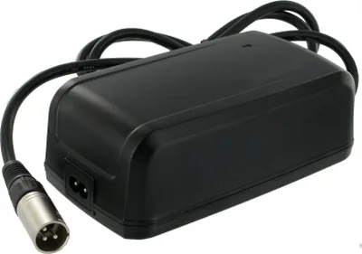 A black power adapter with a silver connector and black cables, shown on a white background.