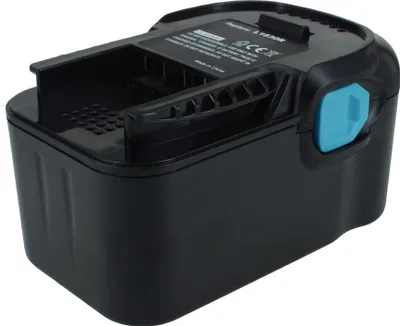 A black power tool battery pack with a blue release button.