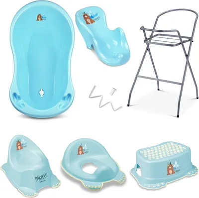 Produktbild von Baby Badewanne mit Gestell 7 Set Rheinland  - Babybadewanne + Baby Badewannensitz + Ständer + Abfluss + Töpfchen + Hocker + WC Sitz Kinder