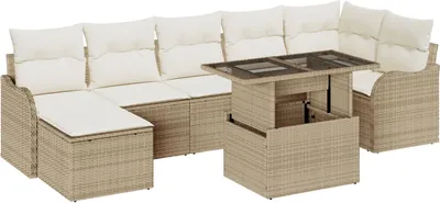 Produktbild von Möbel 8-teiliges Garten-Sofa-Set mit Kissen Beige Poly Rattan, 2-Sitzer Garten-Sofa mit Stauraum & Kissen Beige Poly Rattan - Gartensofas 3357244