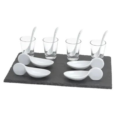 Obrázek produktu pro Vynikající domácí nádobí čtvercové tapas servírovací sada, břidlice/porcelán, 30x15cm, černá/bílá