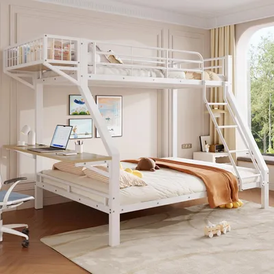 Produktbild von Etagenbett 90 x 200 / 140 x 200 cm mit Schreibtisch, offenem Staufach, Schutzgeländer und Leiter, Metall + MDF, Weiß