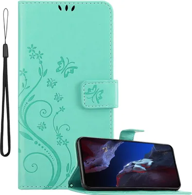 Produktbild von Cadorabo Hülle für Xiaomi Poco F5 Pro Hülle in FLORAL TÜRKIS Schutzhülle im Blumen Design mit Magnetverschluss, Standfunktion und Kartenfächern Book Case Cover