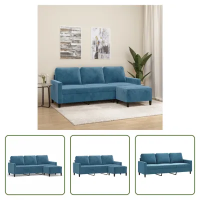Produktbild von The Living Store 3-Sitzer-Sofa mit Hocker Blau 180 cm Samt