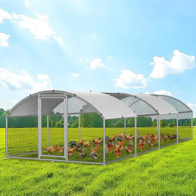 Obrázek produktu pro Kurník Ikodm s voliérou, rozměry 3 x 8 x 2 metry, plocha 24 m², oblouková střecha, konstrukce z pozinkované oceli o tloušťce 25 mm, oplocení z PVC drátěného pletiva a bílá ochranná plachta z polyetylenu