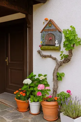 A decorative mailbox shaped like a small house, mounted on a wall next to a door, surrounded by potted plants.