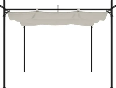 A pergola with a cream-colored canopy is shown against a white background.