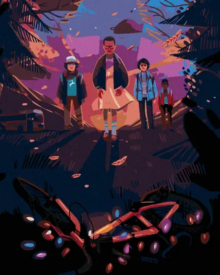 Obrázok produktu pre Zuty - Maľovanie podľa čísel - KRESLENÉ STRANGER THINGS- PARTA U BICYKLU, 40x50 cm, bez rámu a bez vypnutia plátna