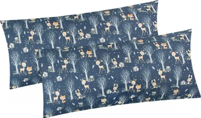 Produktbild von 2er Set Kissenbezug in 40x80 cm Renforcé 100% Baumwolle - Rehe, Waldtiere, Bäume - Kopfkissen-Bezug, Kissenhülle, Dekokissenbezug (KY-Rehe-Waldtiere-40x80)