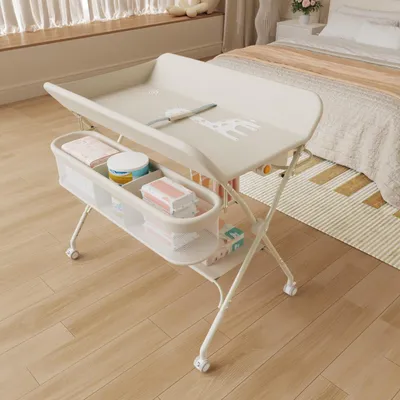 Produktbild von Baby Klappbar Wickelkommode, Mobiler Wickeltisch,Wickelstation höhenverstellbar mit Mülleimer & Aufbewahrungskorb,Tragbare Wickelauflage Bis 15Kg Beig