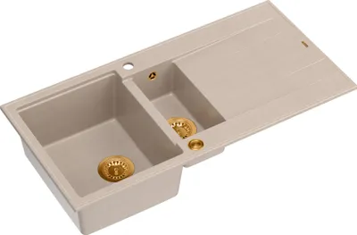Produktbild von QUADRON Spülbecken 1,5-Becken Spüle | Größe: 100 x 50 x 21/16 cm | EVAN 156 | Küchenspüle Granitspüle aus GraniteQ mit Siphon | Beige & Kupfer