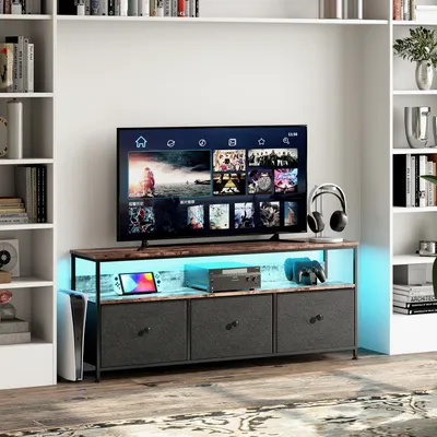 Produktbild von LED-TV-Ständer mit 3 Schubladen, Metallgestell, Stauraum, für das Wohnzimmer, 137 x 30 x 57 cm, Schwarz