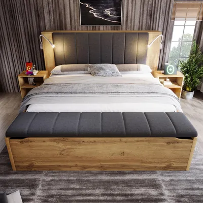 Produktbild von okwish Jugendbett 160×200 mit Nachttischen und Bettbank, Doppelbett mit Leselampe und USB-Anschluss,Funktionsbett in Eiche,ohne Matratze