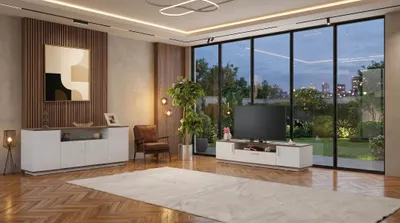 Productafbeelding van Witte televisie, houten TV-standaard, console, moderne stijl, woonkamer meubels
