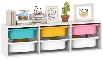 Immagine prodotto di AIYAPLAY Scaffale Portagiochi Bambini in Legno con 6 Contenitori Rimovibili in Plastica, Multicolore