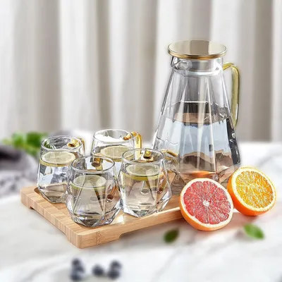 Image de DUJUST Carafe en verre Set 2 litres avec 4 tasses Noir Diamant Design